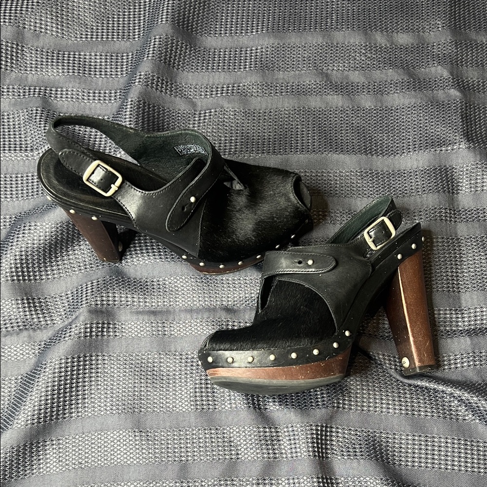 UGG Black Leather and Brown Wood Mules